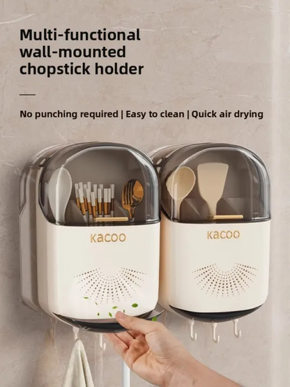 Wall-Mounted Kitchen Storage Box Spoon Chopsticks Holder Draining Rack No-Punching Required Plastic Chopsticks Organizer