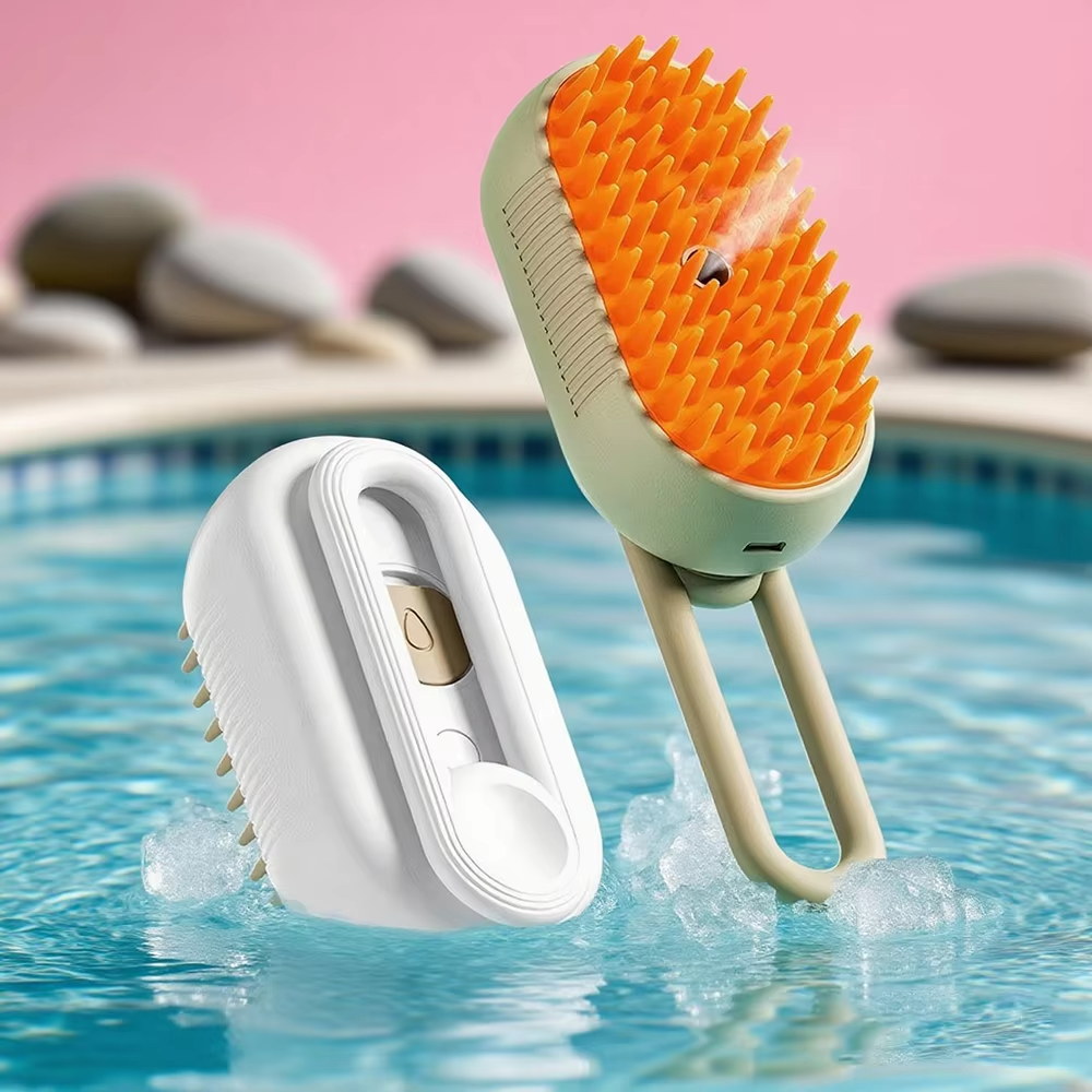 Multifunctional 3-In-1 ABS Soft Rubber Cat Grooming Steamer Brush Rotating Pet Hair Removal Spray Massage Comb Self-Cleaning