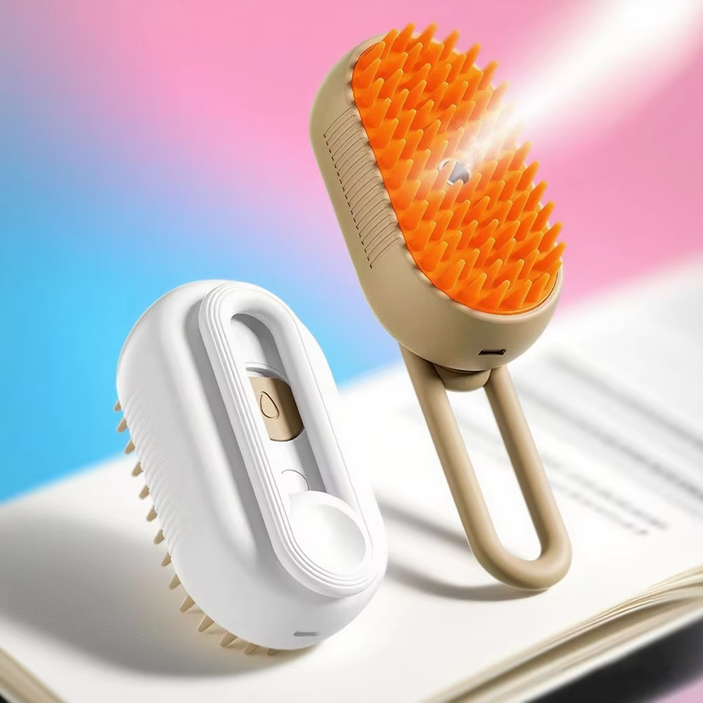 Multifunctional 3-In-1 ABS Soft Rubber Cat Grooming Steamer Brush Rotating Pet Hair Removal Spray Massage Comb Self-Cleaning