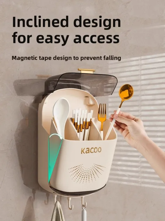 Wall-Mounted Kitchen Storage Box Spoon Chopsticks Holder Draining Rack No-Punching Required Plastic Chopsticks Organizer